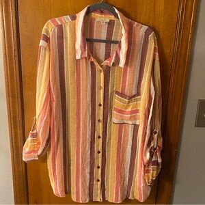 Casual Striped Button-Down Shirt in Orange and Cream